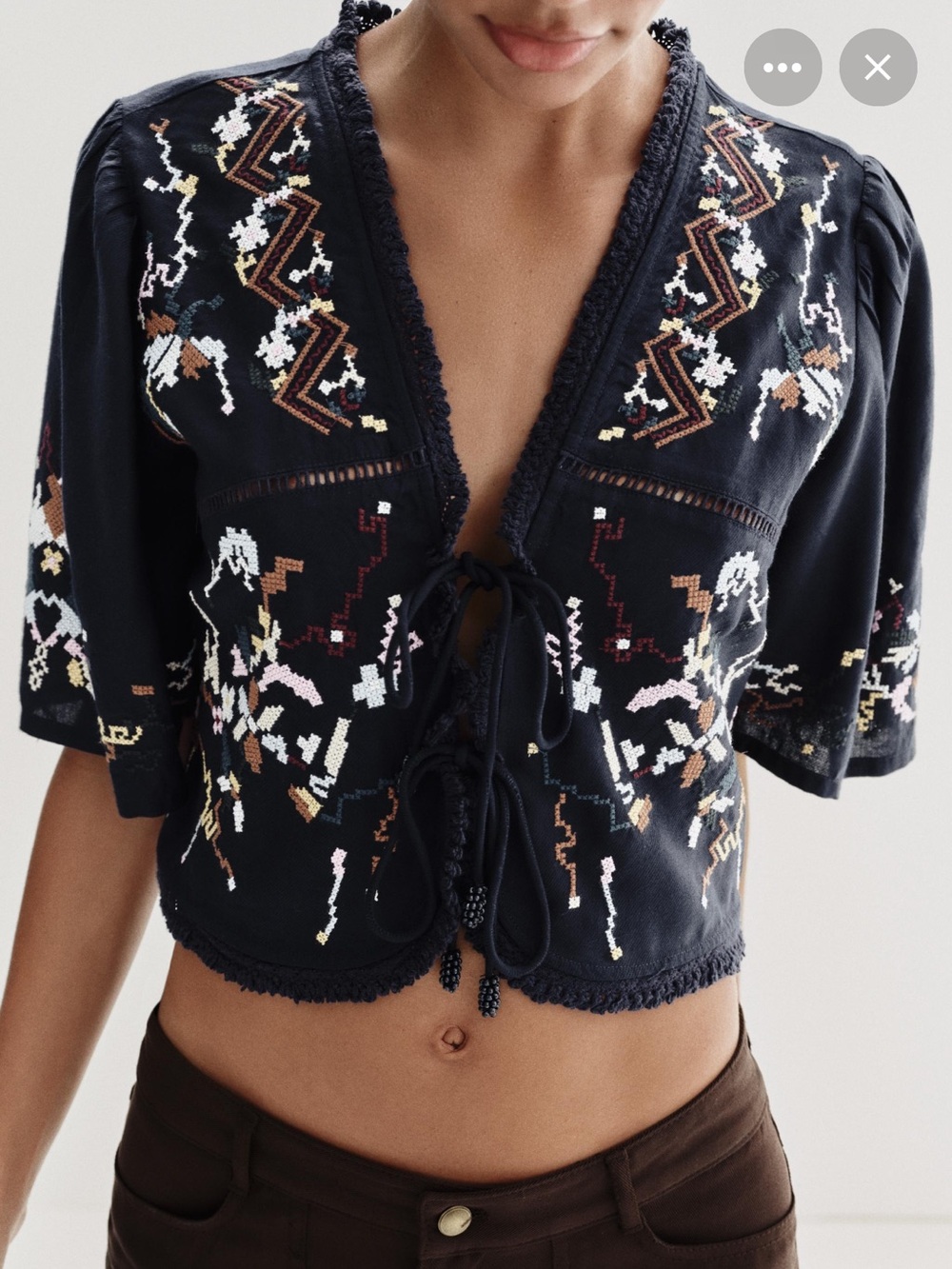 Zara Navy Embroidered Tie-Front Cropped Top with Multicolor Stitching